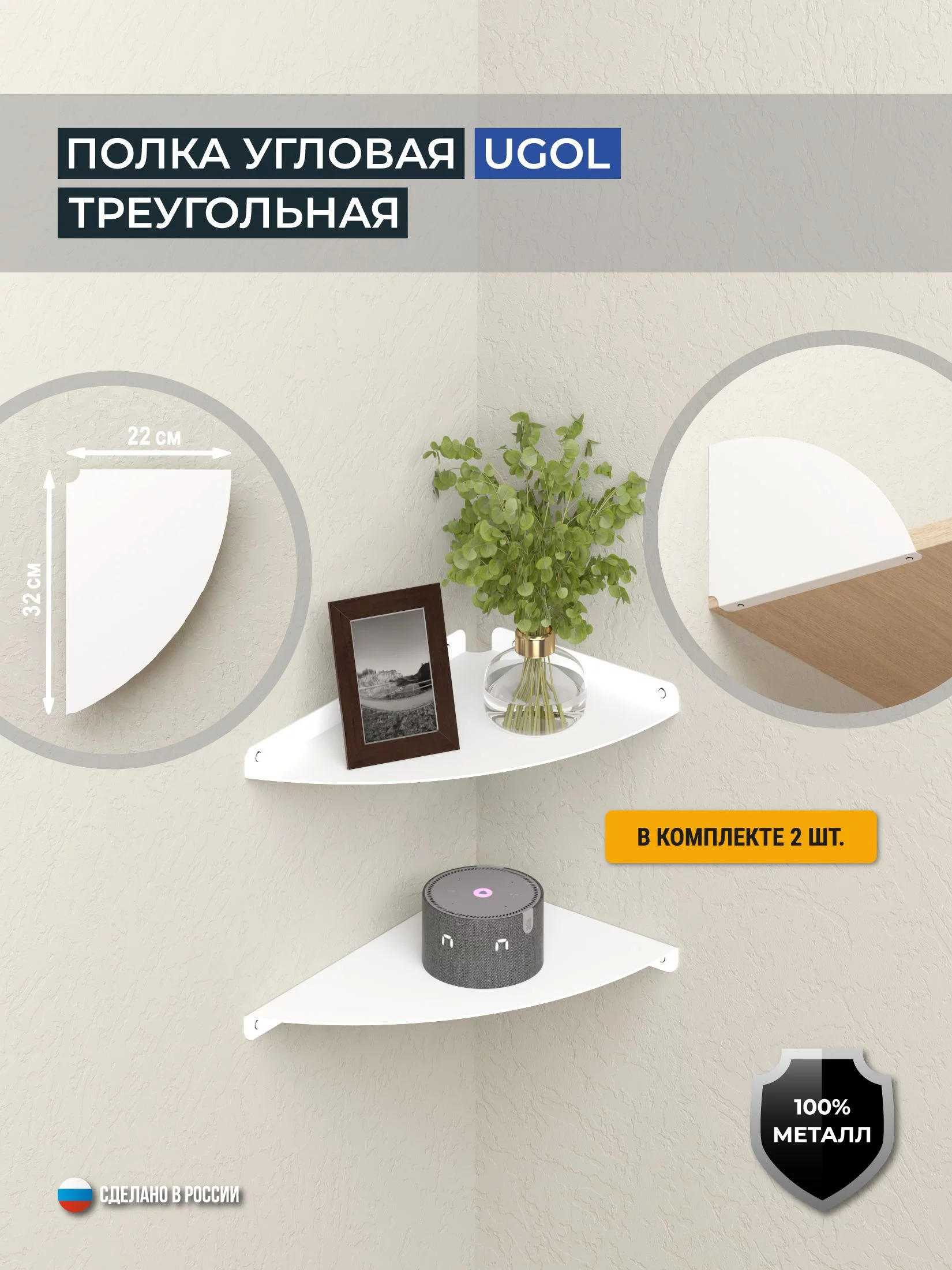 Полка угловая треугольная UGOL, комплект 2 шт., цвет белый